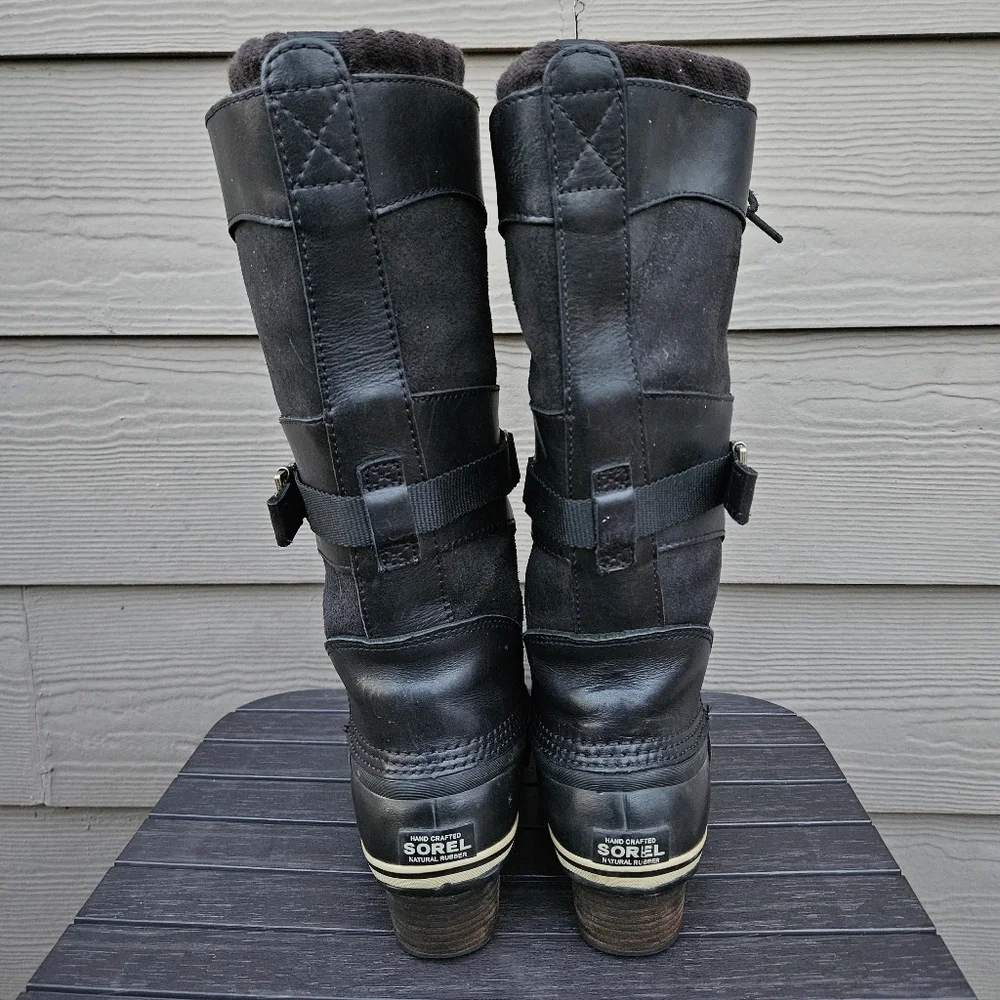 Sorel Black Leather Conquest Carly Boots Womens Size 8 Rubber Tall Waterproof